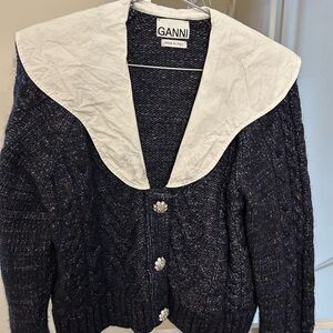 Ganni Dark Blue Cardigan with White Collar